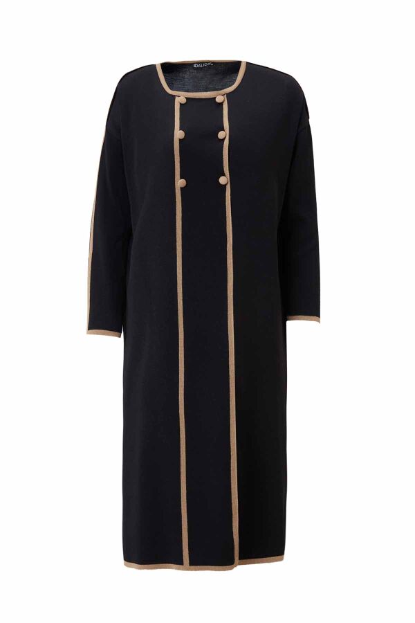 Black & Camel Buttoned Collarless Cardigan with Color Stripes - 1