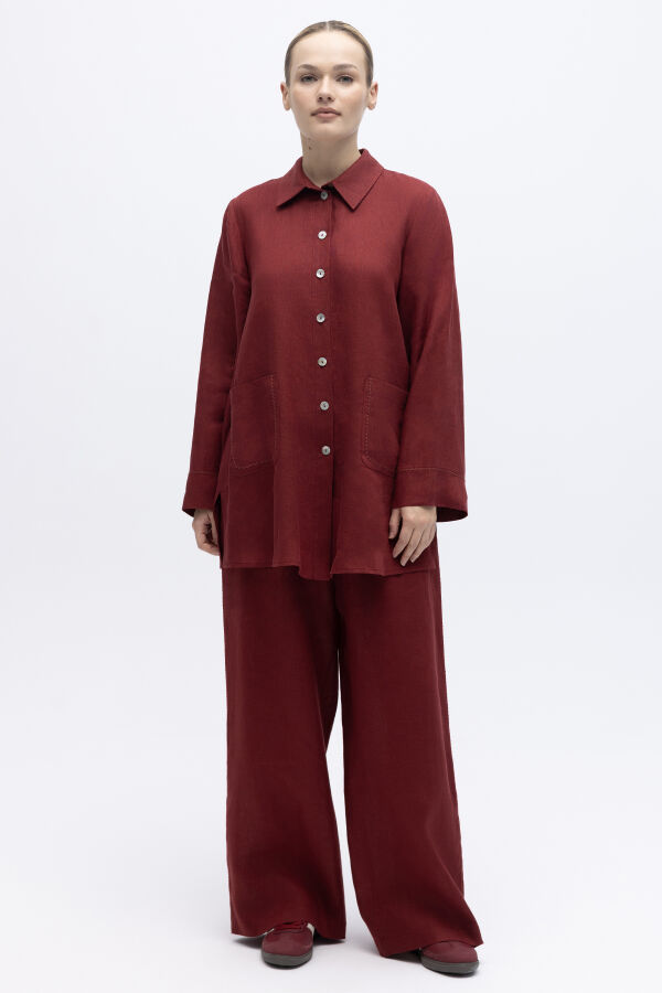 Bol Paça İpek Keten Pantolon Cherry - 1