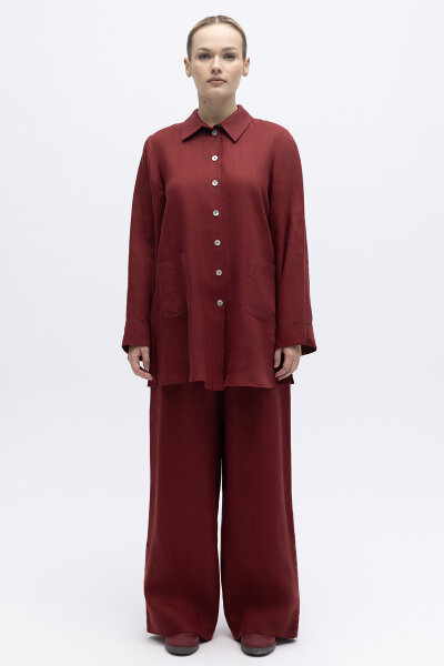 Bol Paça İpek Keten Pantolon Cherry - 2