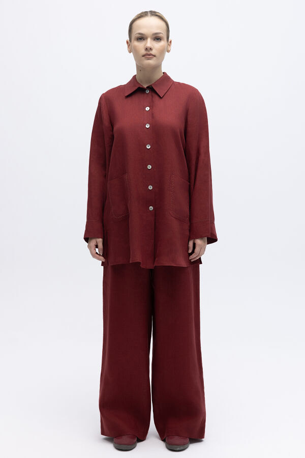 Bol Paça İpek Keten Pantolon Cherry - 2