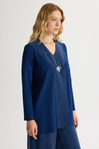 Broş Detaylı V Yaka Ceket Navy - MISS DALIDA