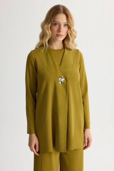 Broş Detaylı V Yaka Ceket Amber 