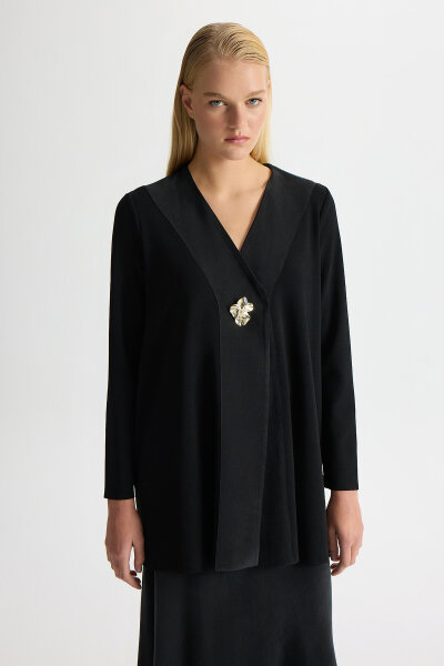 Broş Detaylı V Yaka Ceket Siyah - MISS DALIDA