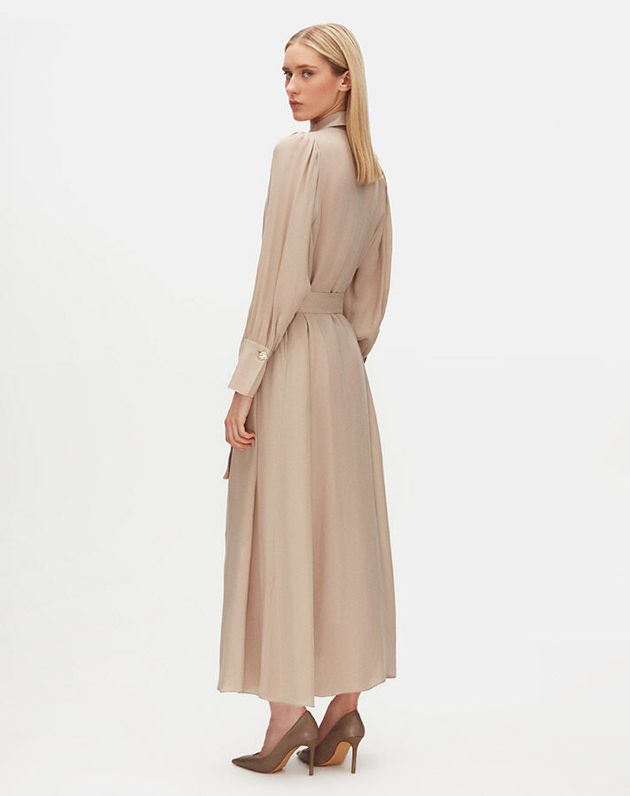 Button Detailed Belted Shirt Collar Dress - 4
