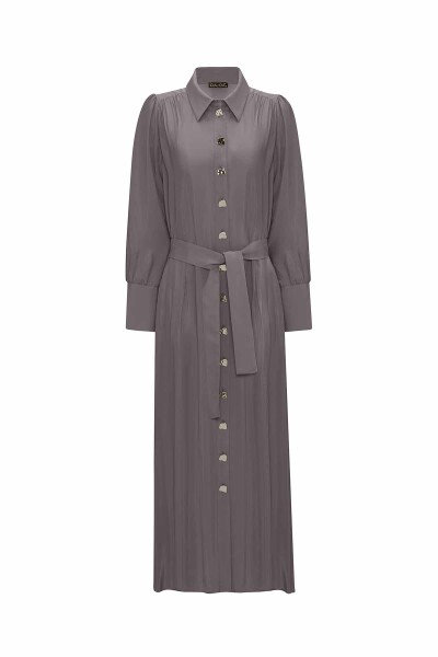 Button Detailed Belted Shirt Collar Dress - 5