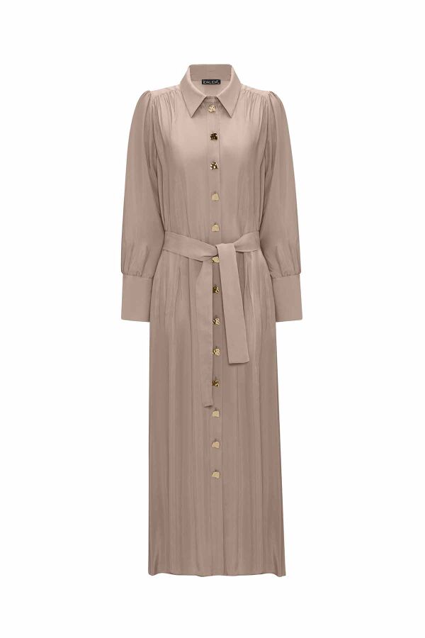 Button Detailed Belted Shirt Collar Dress - 1