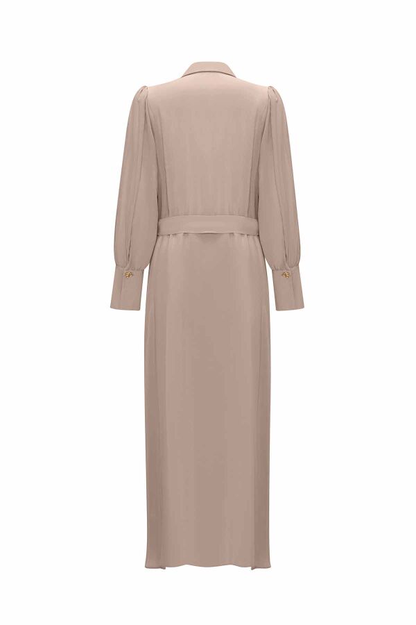 Button Detailed Belted Shirt Collar Dress - 3