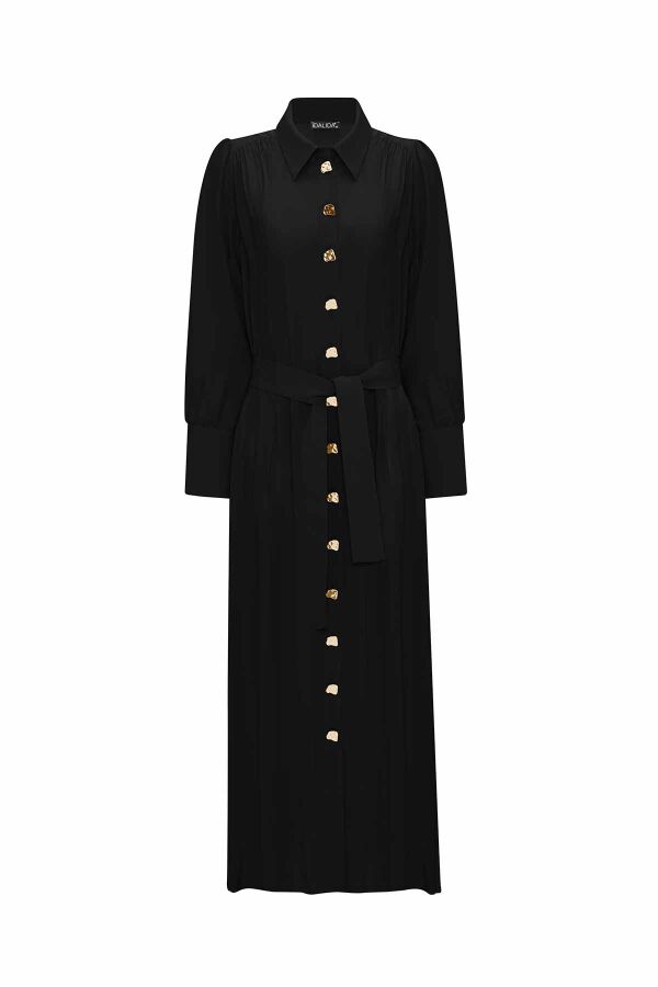 Button Detailed Belted Shirt Collar Dress - 7
