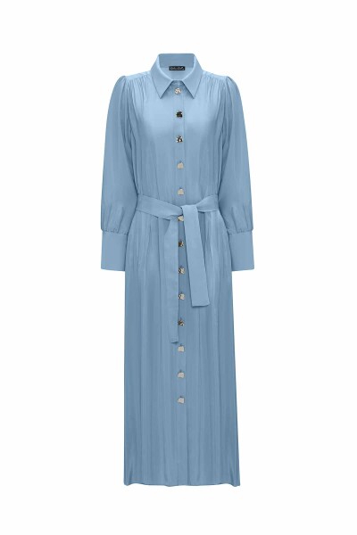 Button Detailed Belted Shirt Collar Dress - 9