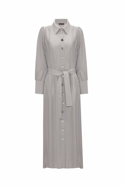 Button Detailed Belted Shirt Collar Dress - 11