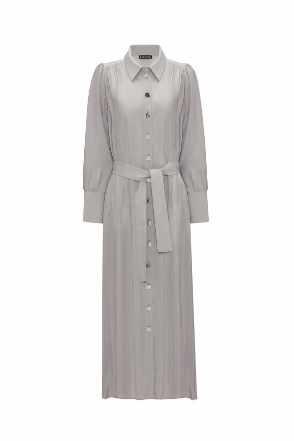 Button Detailed Belted Shirt Collar Dress - 11
