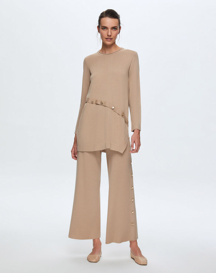 T24K-7003 Button Detailed Wide Leg Trousers - 1