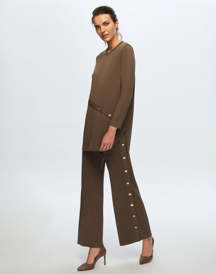 T24K-7003 Button Detailed Wide Leg Trousers - 4