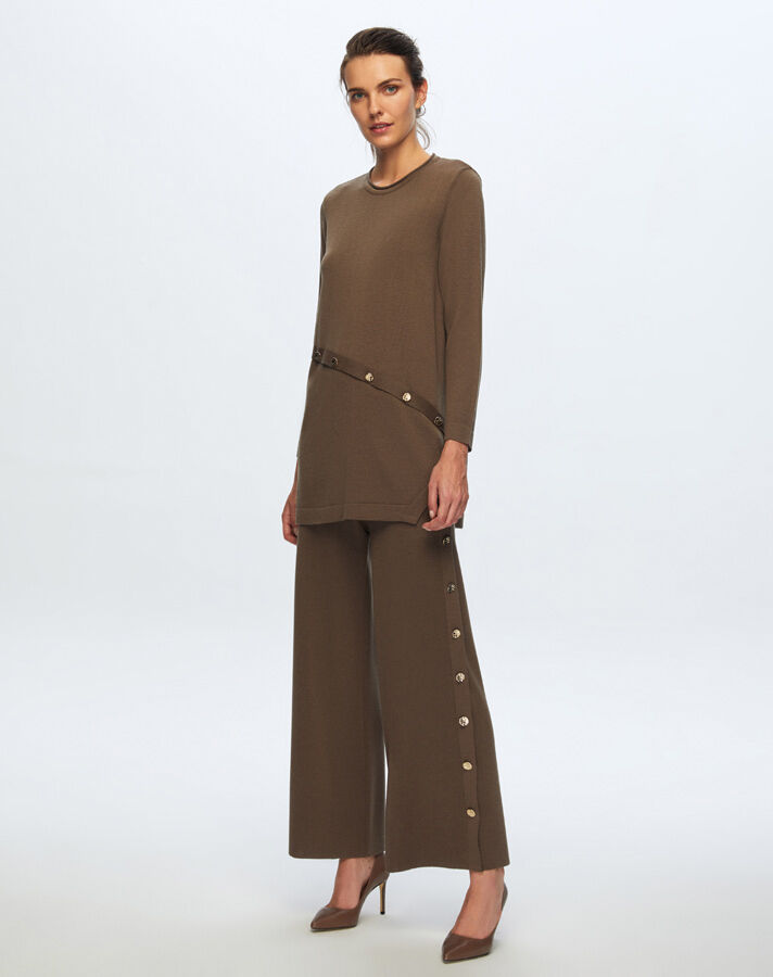 T24K-7003 Button Detailed Wide Leg Trousers - 5