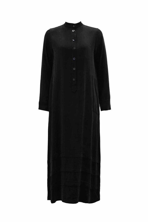 Mandarin Collar Buttoned Solid Color Dress - 1