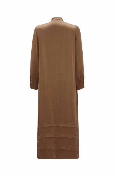 Buttoned Plain Dress with Mandarin Collar in Camel - 2
