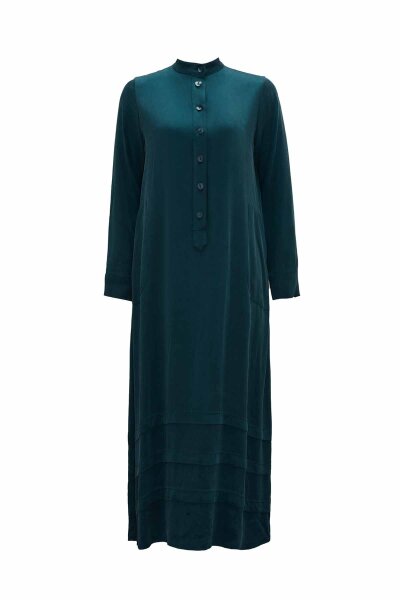 Buttoned Plain Dress with Mandarin Collar in Petrol Blue 