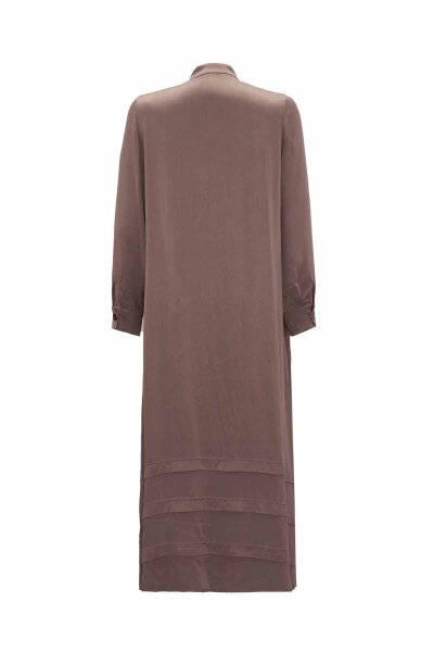 Buttoned Plain Dress with Mandarin Collar in Taupe - 2