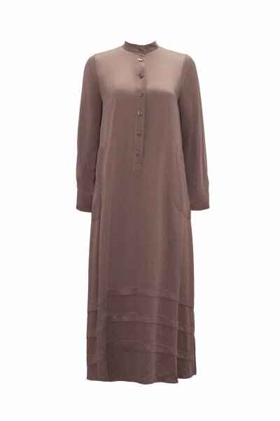 Buttoned Plain Dress with Mandarin Collar in Taupe 