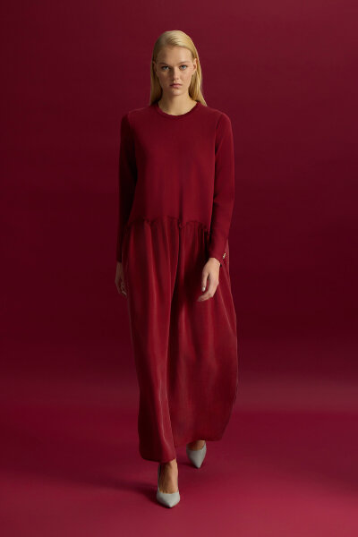 Büzgü Detaylı Triko Cupro Elbise Cherry - 1