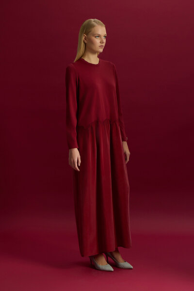 Büzgü Detaylı Triko Cupro Elbise Cherry - 3