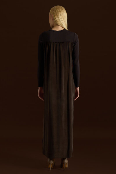 Büzgü Detaylı Triko Cupro Elbise Kahverengi - 2