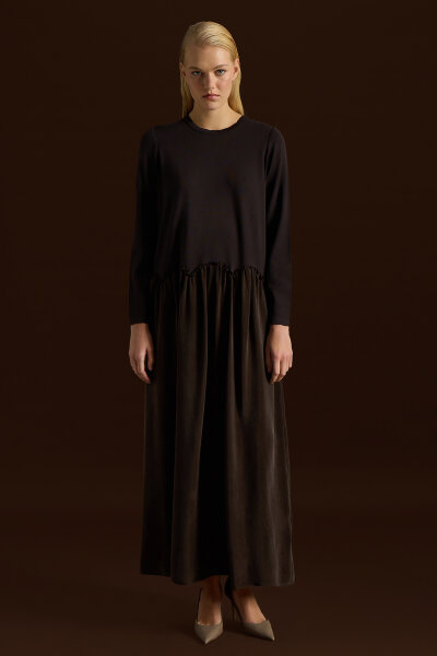 Büzgü Detaylı Triko Cupro Elbise Kahverengi - 4