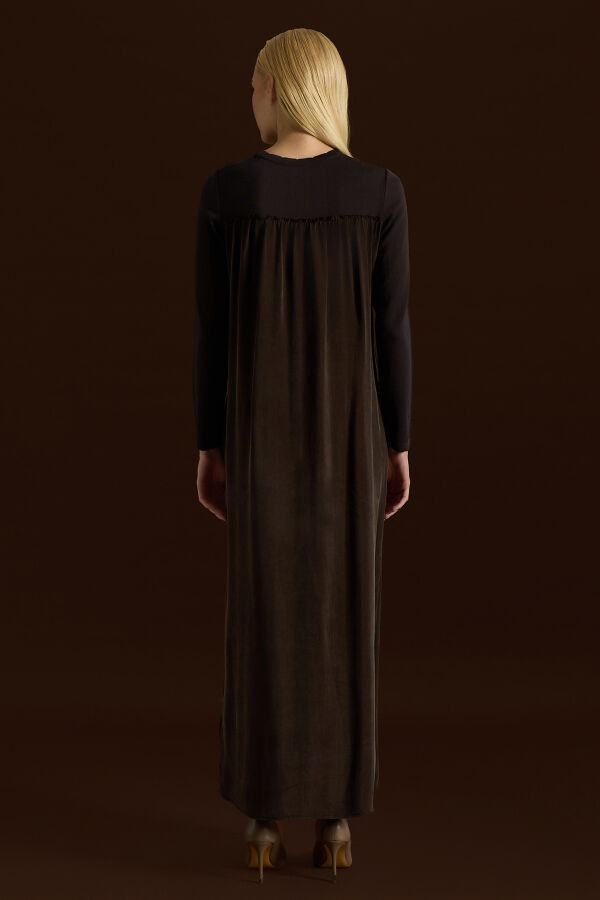 Büzgü Detaylı Triko Cupro Elbise Kahverengi - 2