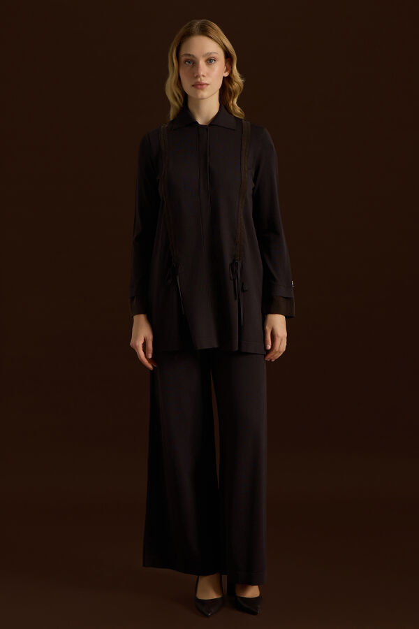 Büzgü Detaylı Triko Gömlek Kahverengi - 1