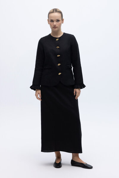 Çan Kesim Düz Renk Keten Etek Siyah 