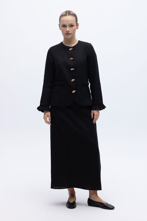 Çan Kesim Düz Renk Keten Etek Siyah - 1