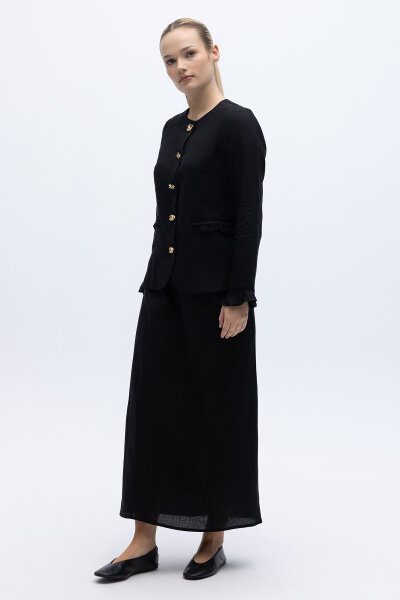 Çan Kesim Düz Renk Keten Etek Siyah - 2