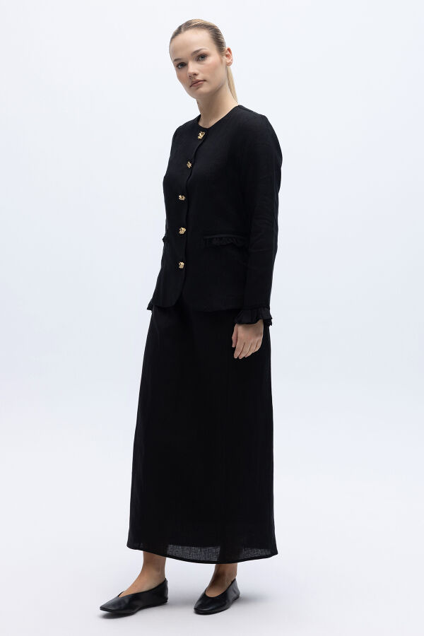 Çan Kesim Düz Renk Keten Etek Siyah - 2