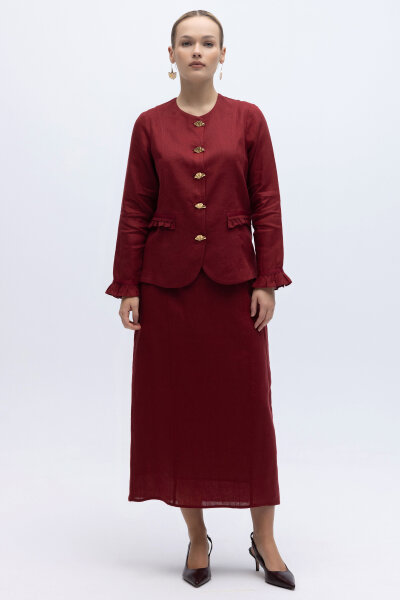 Çan Kesim Düz Renk Keten Etek Cherry - 1