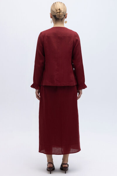 Çan Kesim Düz Renk Keten Etek Cherry - 3