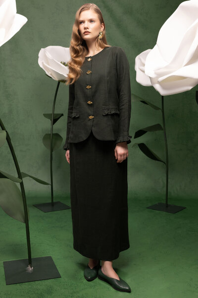 Çan Kesim Düz Renk Keten Etek Haki 