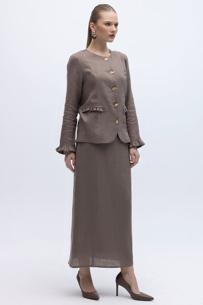 Çan Kesim Düz Renk Keten Etek Mink - 2