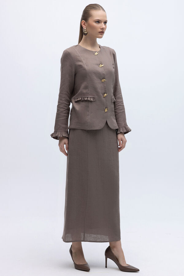 Çan Kesim Düz Renk Keten Etek Mink - 2