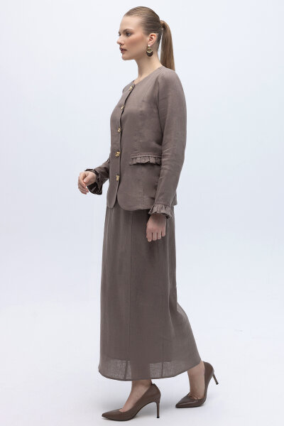 Çan Kesim Düz Renk Keten Etek Mink - 3