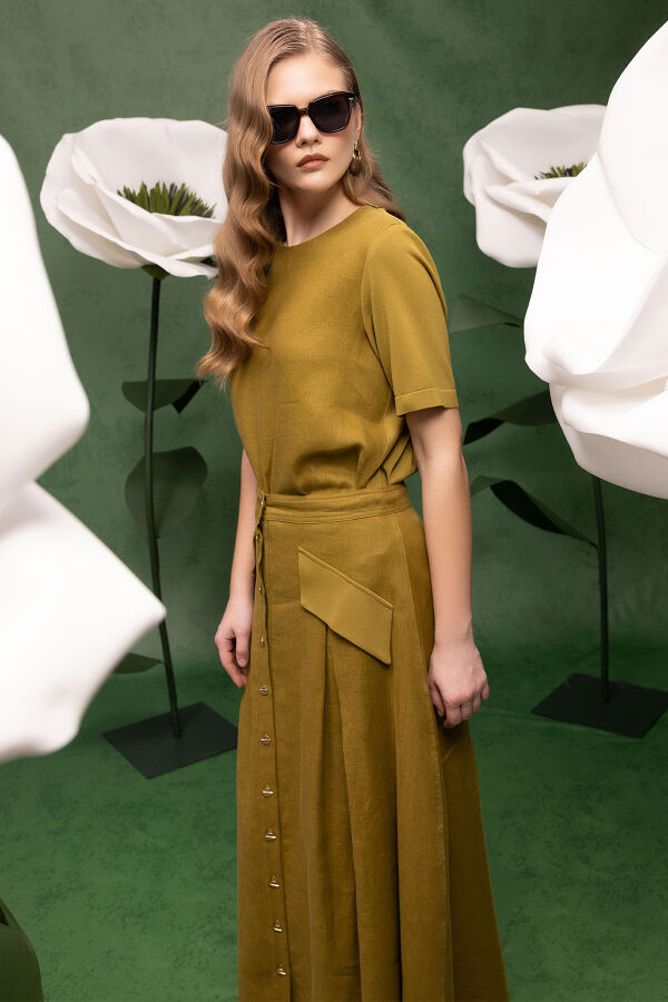 Cep Kapaklı Düğmeli A Kesim Keten Etek Amber - 4