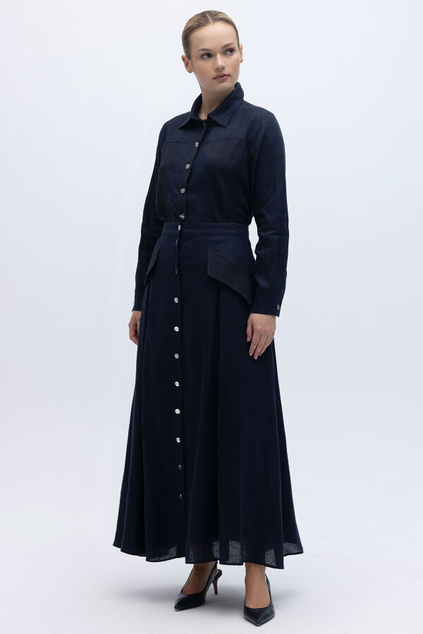 Cep Kapaklı Düğmeli A Kesim Keten Etek Siyah - 1