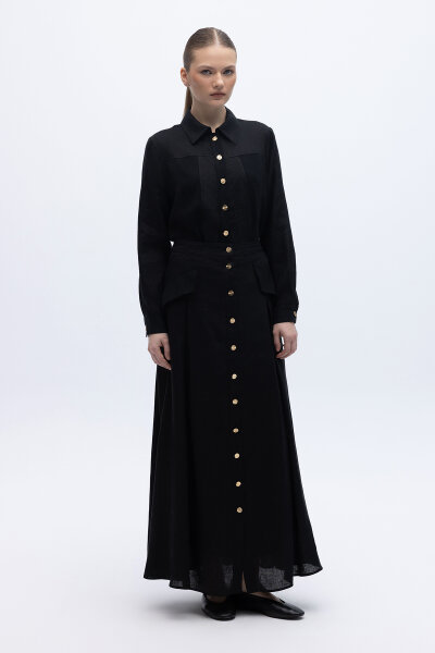 Cep Kapaklı Düğmeli A Kesim Keten Etek Siyah - 2