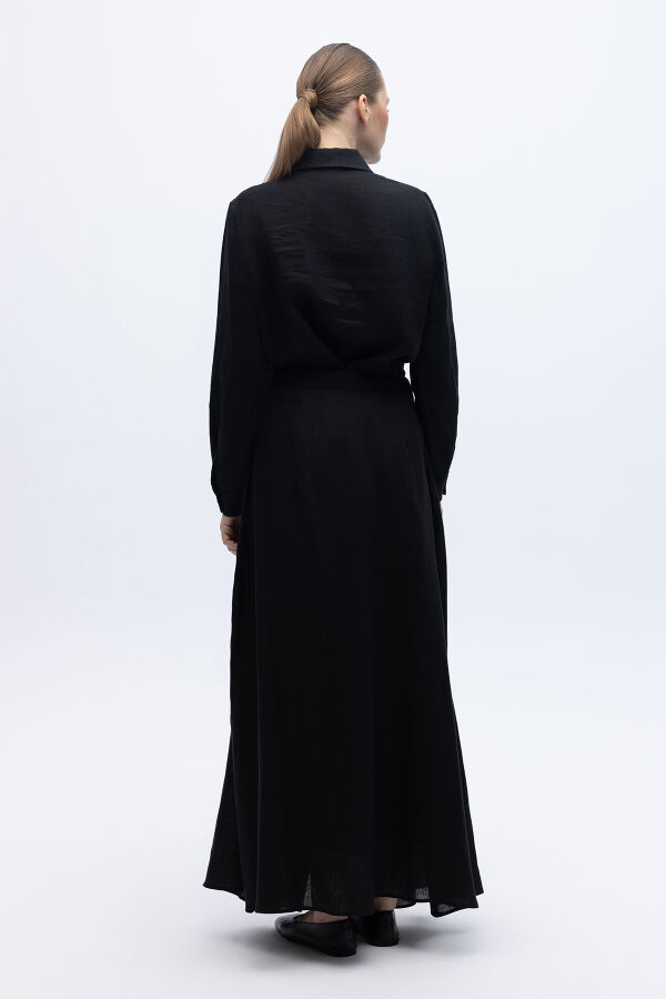 Cep Kapaklı Düğmeli A Kesim Keten Etek Siyah - 4