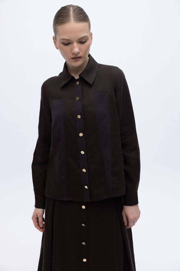 Cep Kapaklı Düğmeli A Kesim Keten Etek Kahverengi - 1