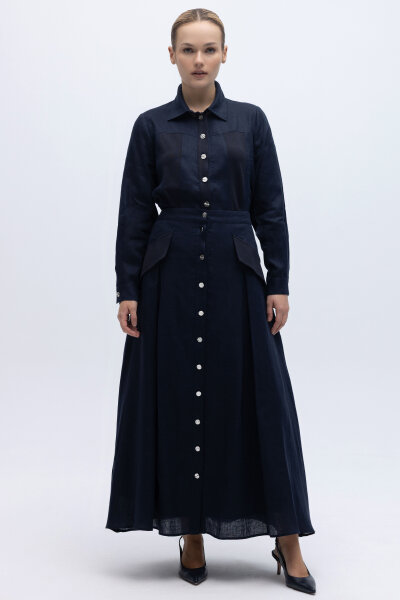 Cep Kapaklı Düğmeli A Kesim Keten Etek Lacivert - 1