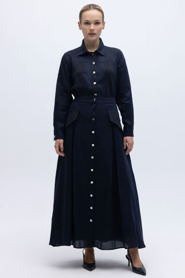 Cep Kapaklı Düğmeli A Kesim Keten Etek Lacivert - 1