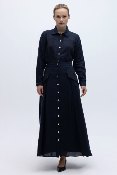 Cep Kapaklı Düğmeli A Kesim Keten Etek Lacivert - 2