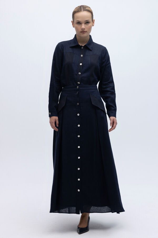 Cep Kapaklı Düğmeli A Kesim Keten Etek Lacivert - 2