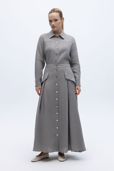 Cep Kapaklı Düğmeli A Kesim Keten Etek Gri 