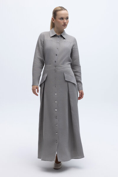 Cep Kapaklı Düğmeli A Kesim Keten Etek Gri - 2